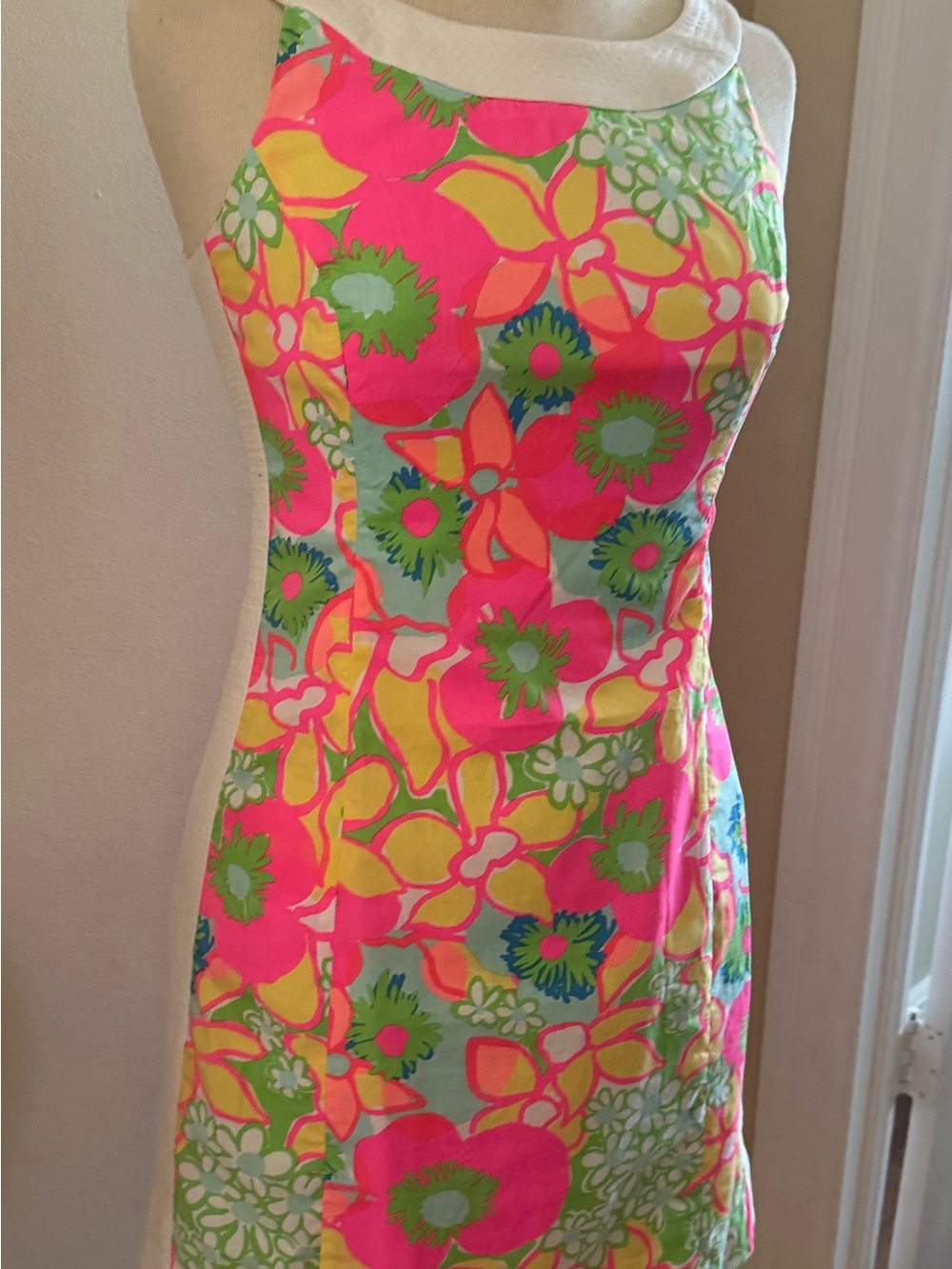 Lilly Pulitzer Neon Pink & Green Floral Halter Midi Dress